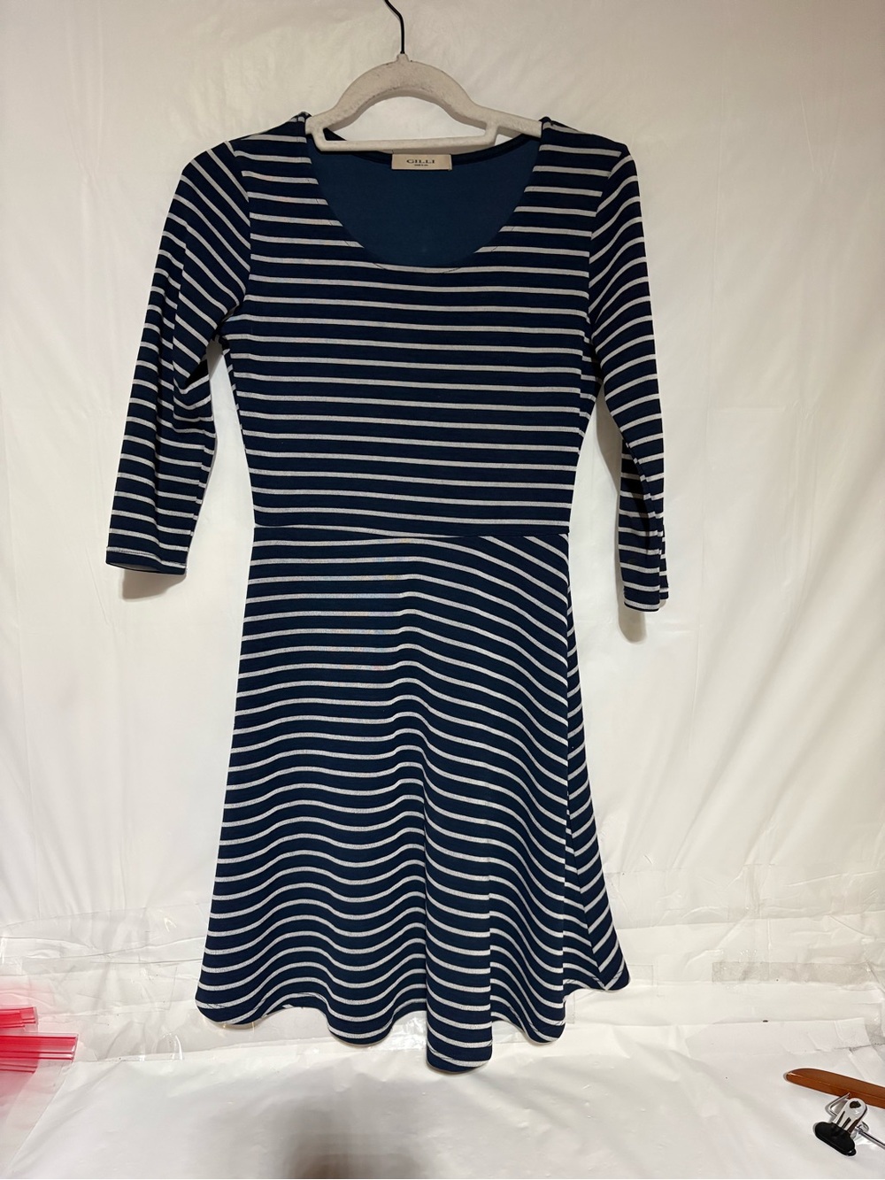 Gilli Navy and White Striped Long Sleeve Scoop Neck Dress